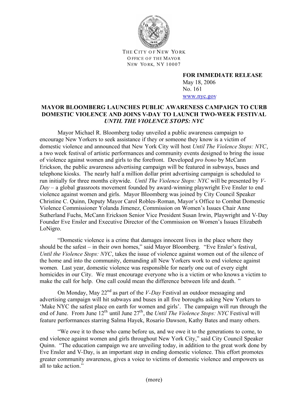 FOR IMMEDIATE RELEASE May 18, 2006 No. 161