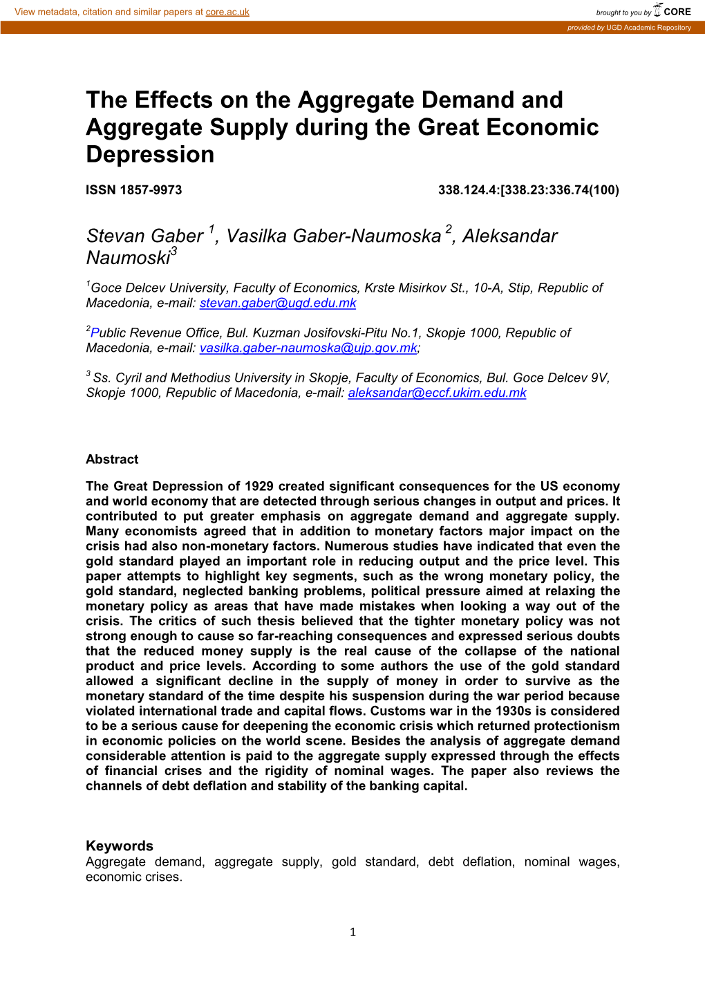 The Effects on the Aggregate Demand and Aggregate Supply During the Great Economic Depression