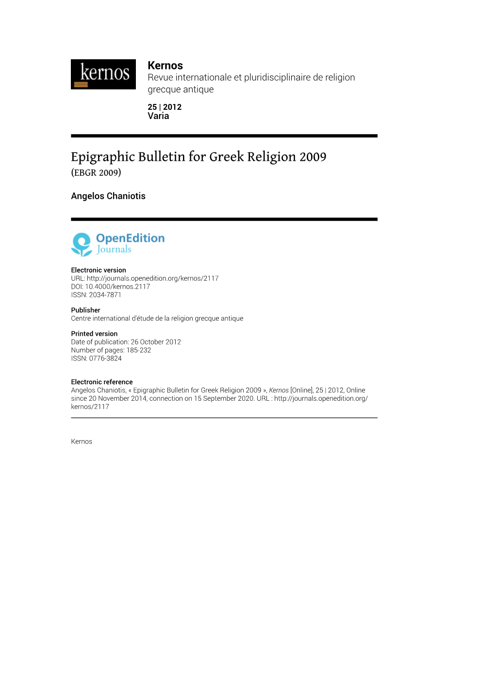 Epigraphic Bulletin for Greek Religion 2009 (EBGR 2009)