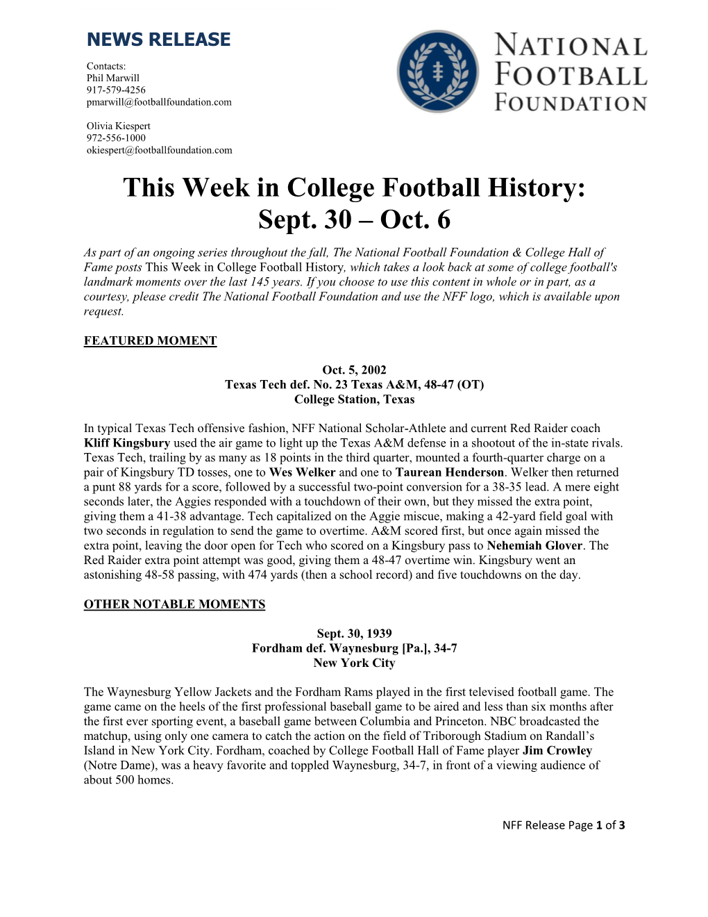 This Week in College Football History: Sept. 30 – Oct. 6