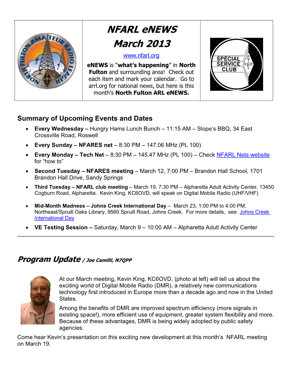 NFARL Enews March 2013 Enews Is “What’S Happening” in North Fulton and Surrounding Area! Check out Each Item and Mark Your Calendar