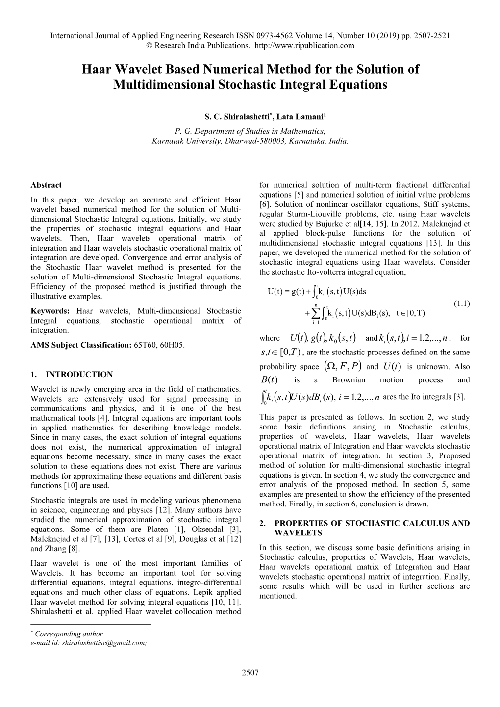 Haar Wavelet Based Numerical Method for the Solution of Multidimensional Stochastic Integral Equations