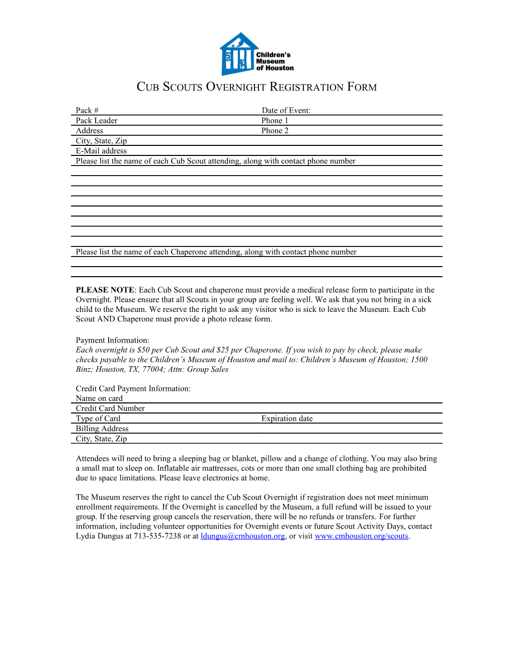 Cub Scouts Overnight Registration Form