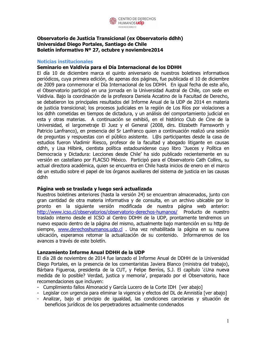 Universidad Diego Portales, Santiago De Chile Boletín Informativo Nº 27, Octubre Y Noviembre2014