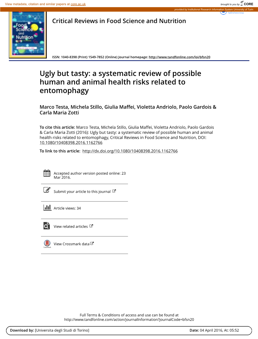 A Systematic Review of Possible Human and Animal Health Risks Related to Entomophagy