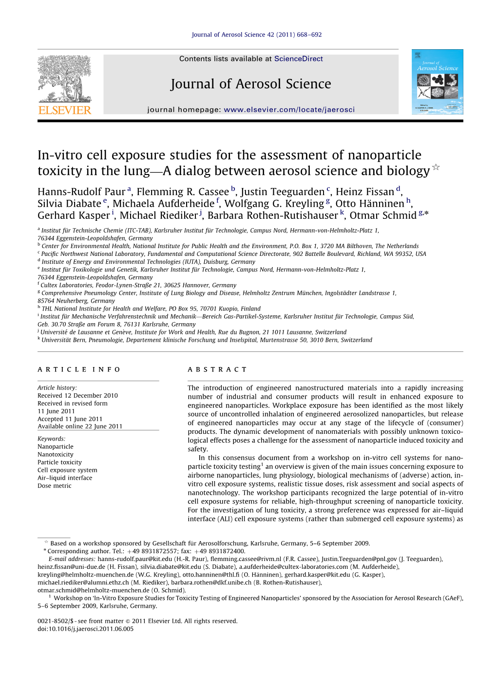 In-Vitro Cell Exposure Studies for the Assessment of Nanoparticle Toxicity in the Lung—A Dialog Between Aerosol Science and Biology$