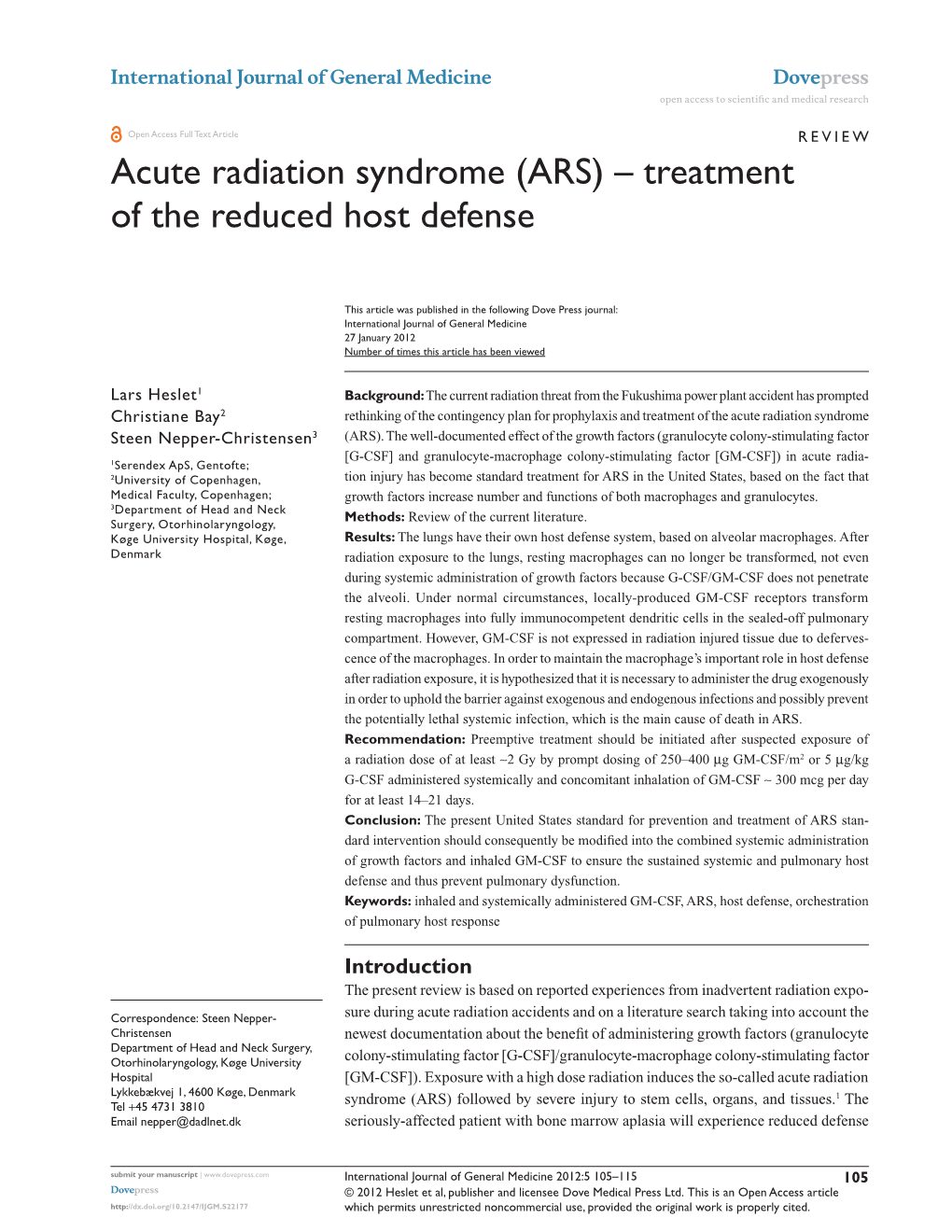 Acute Radiation Syndrome (ARS) – Treatment of the Reduced Host Defense