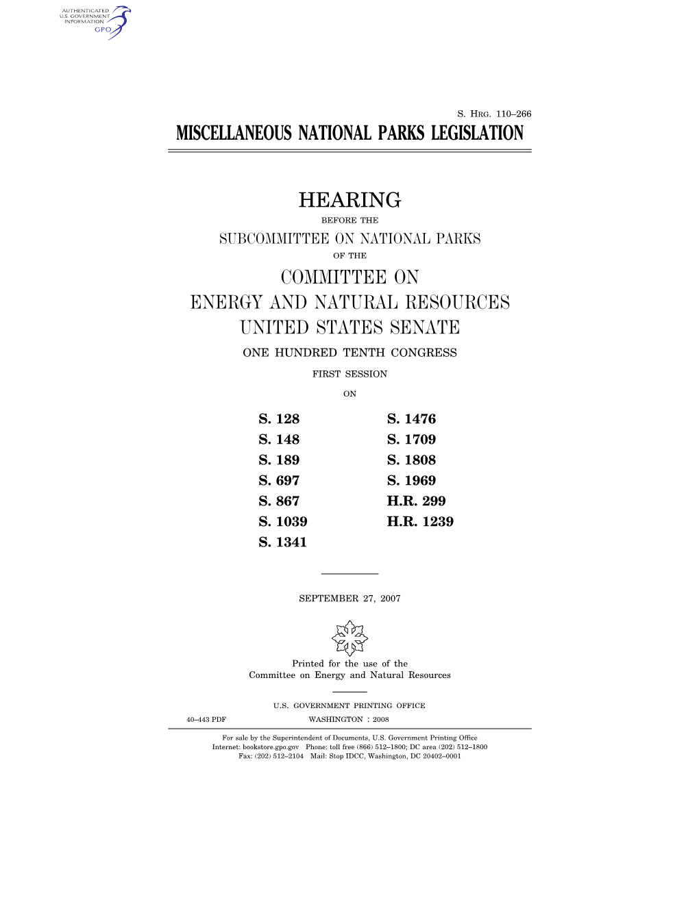 Miscellaneous National Parks Legislation Hearing