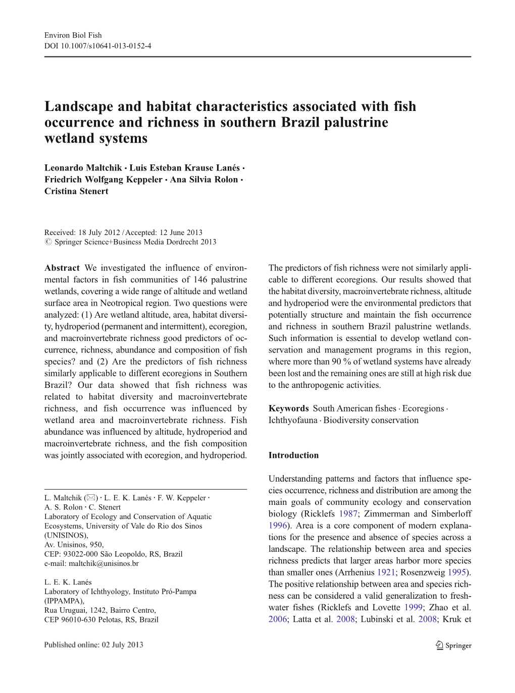 Landscape and Habitat Characteristics Associated with Fish Occurrence and Richness in Southern Brazil Palustrine Wetland Systems