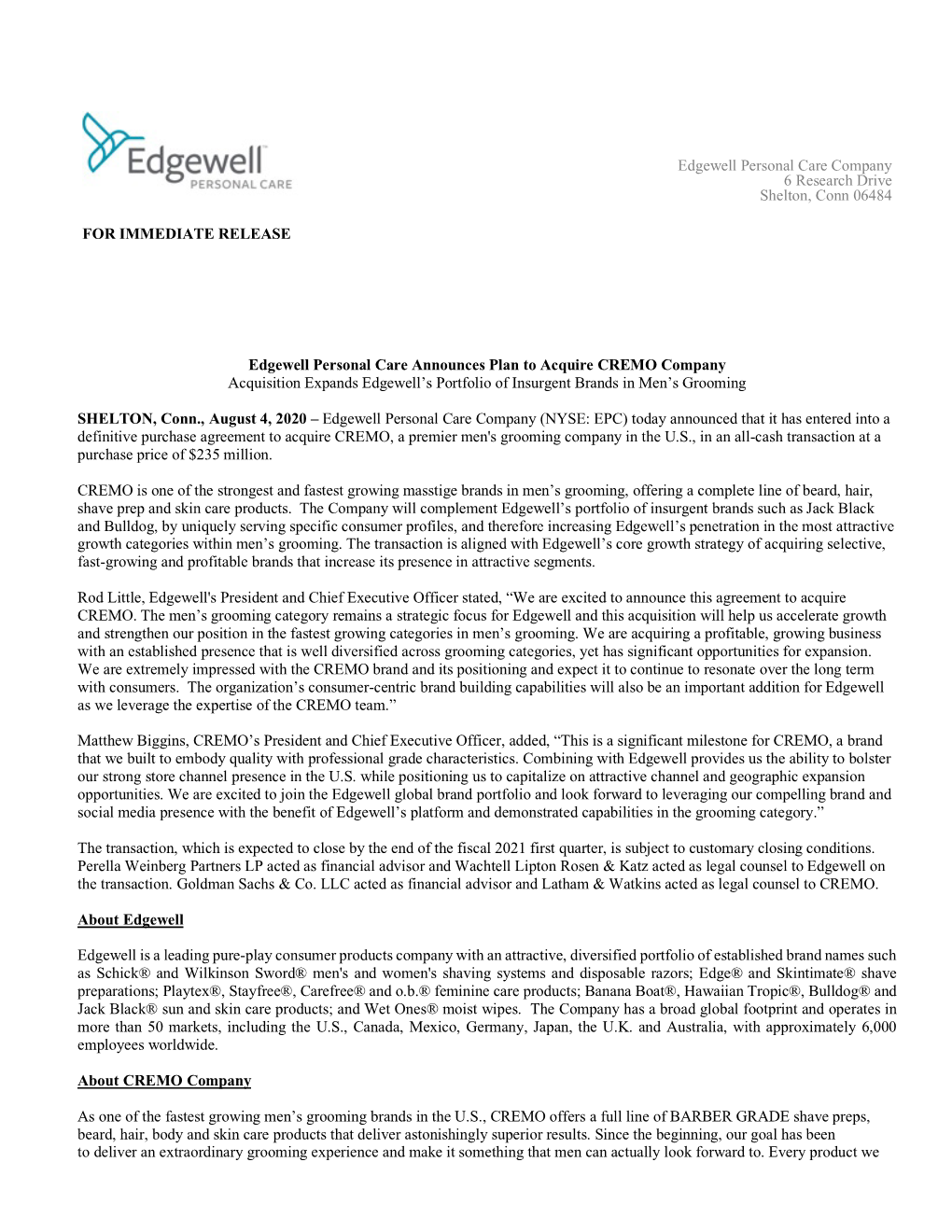 FOR IMMEDIATE RELEASE Edgewell Personal