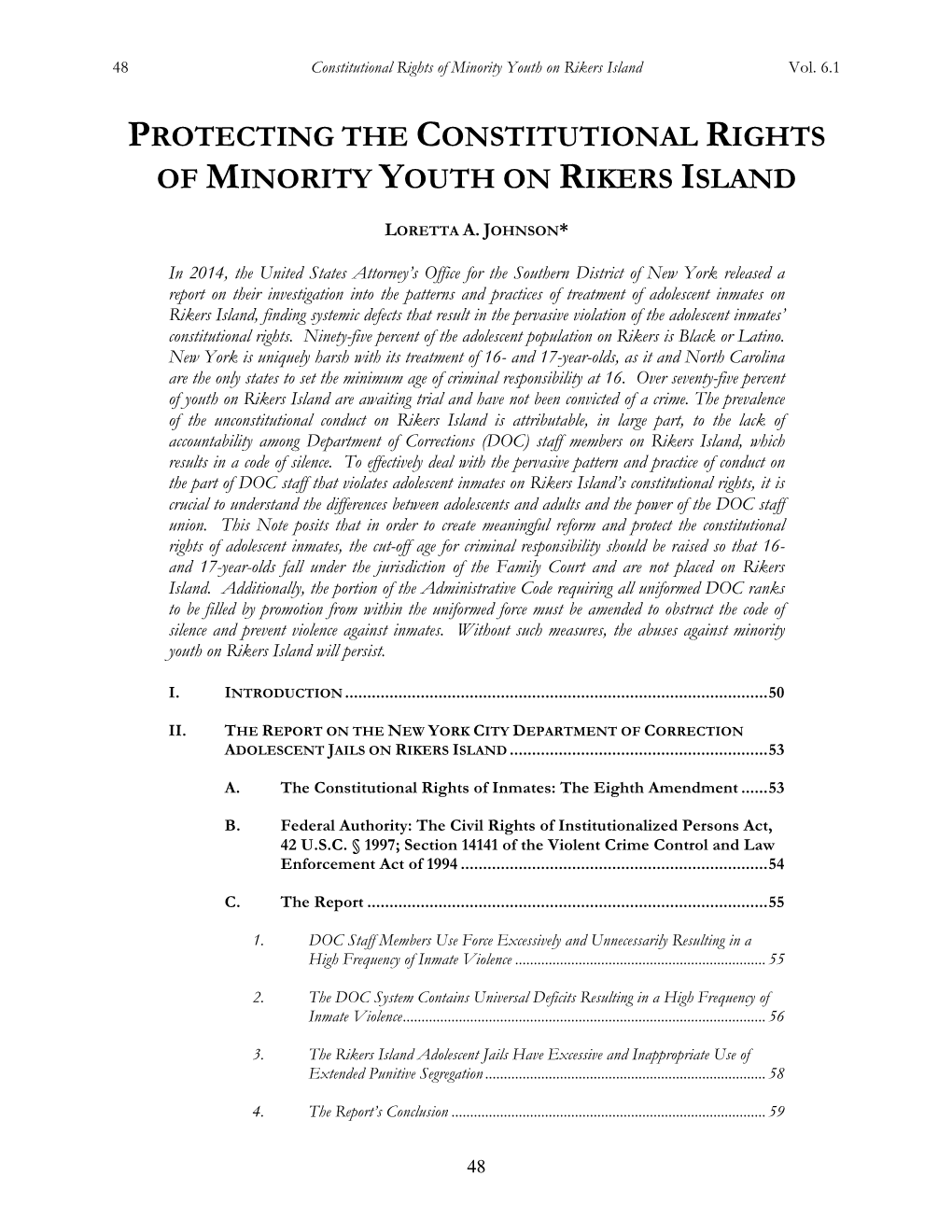 Of Minority Youth on Rikers Island Vol
