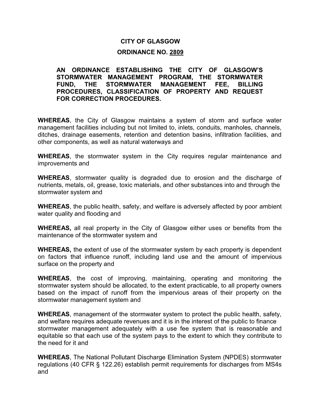 City of Glasgow Ordinance No. 2809 an Ordinance