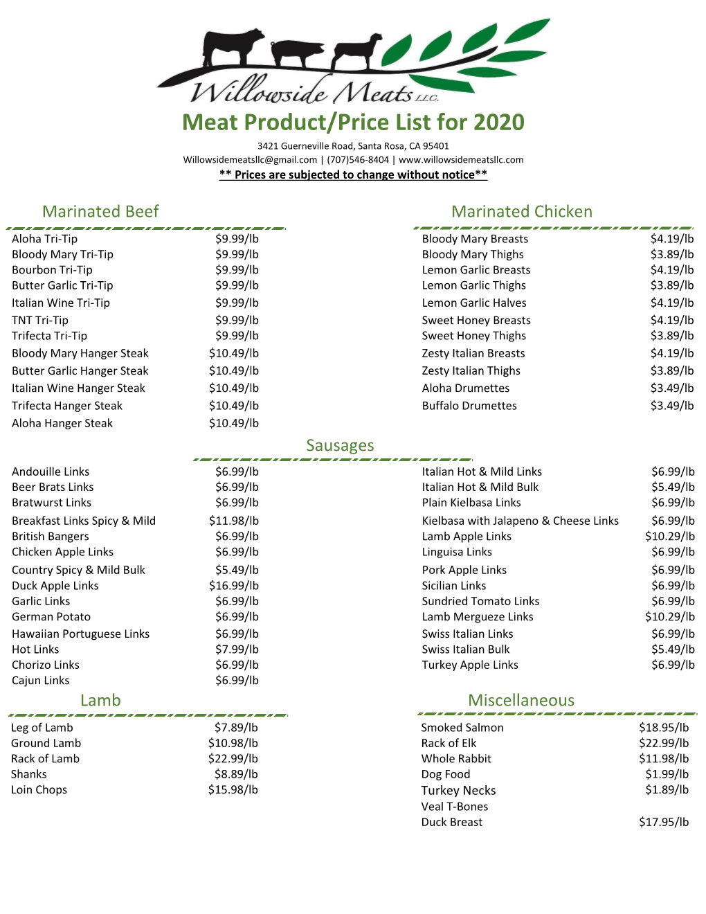 Meat Product/Price List for 2020