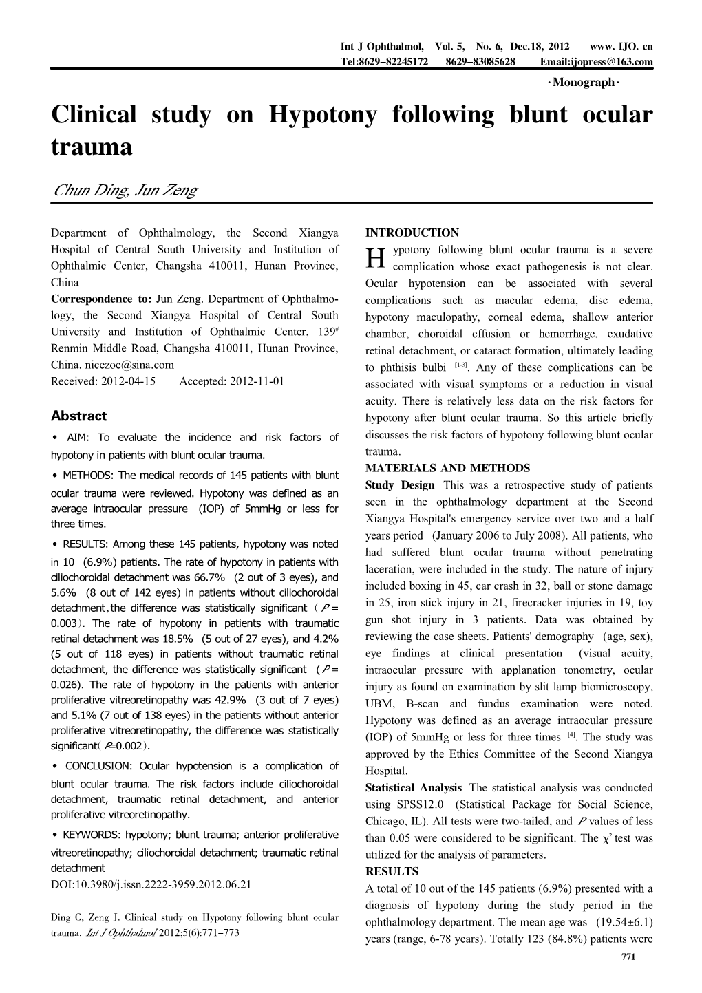 Clinical Study on Hypotony Following Blunt Ocular Trauma