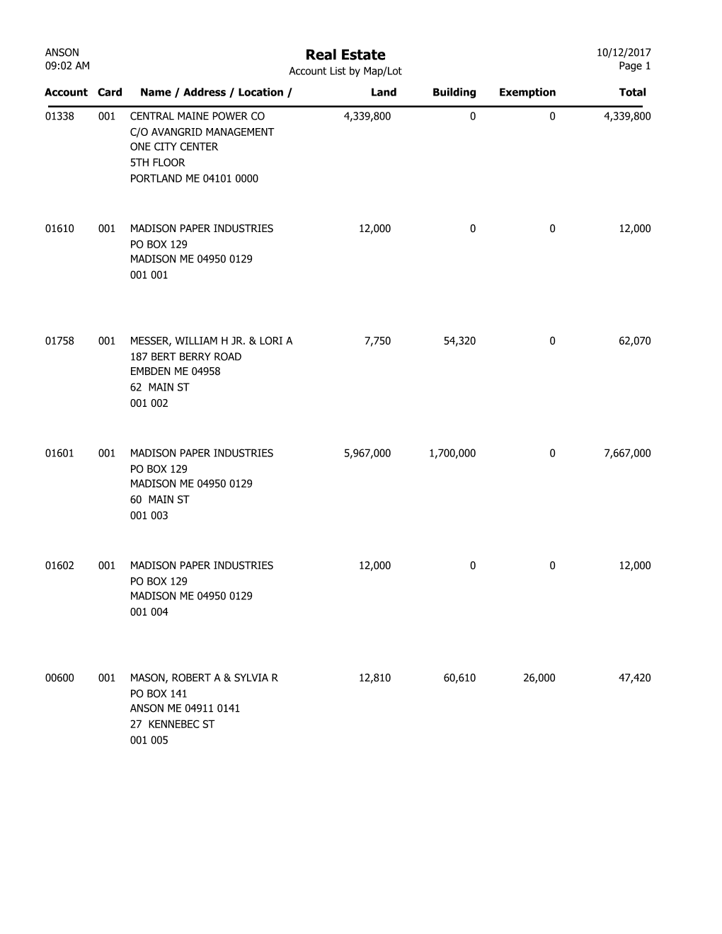 Real Estate 10/12/2017 09:02 AM Account List by Map/Lot Page 1 Account Card Name / Address / Location / Land Building Exemption Total