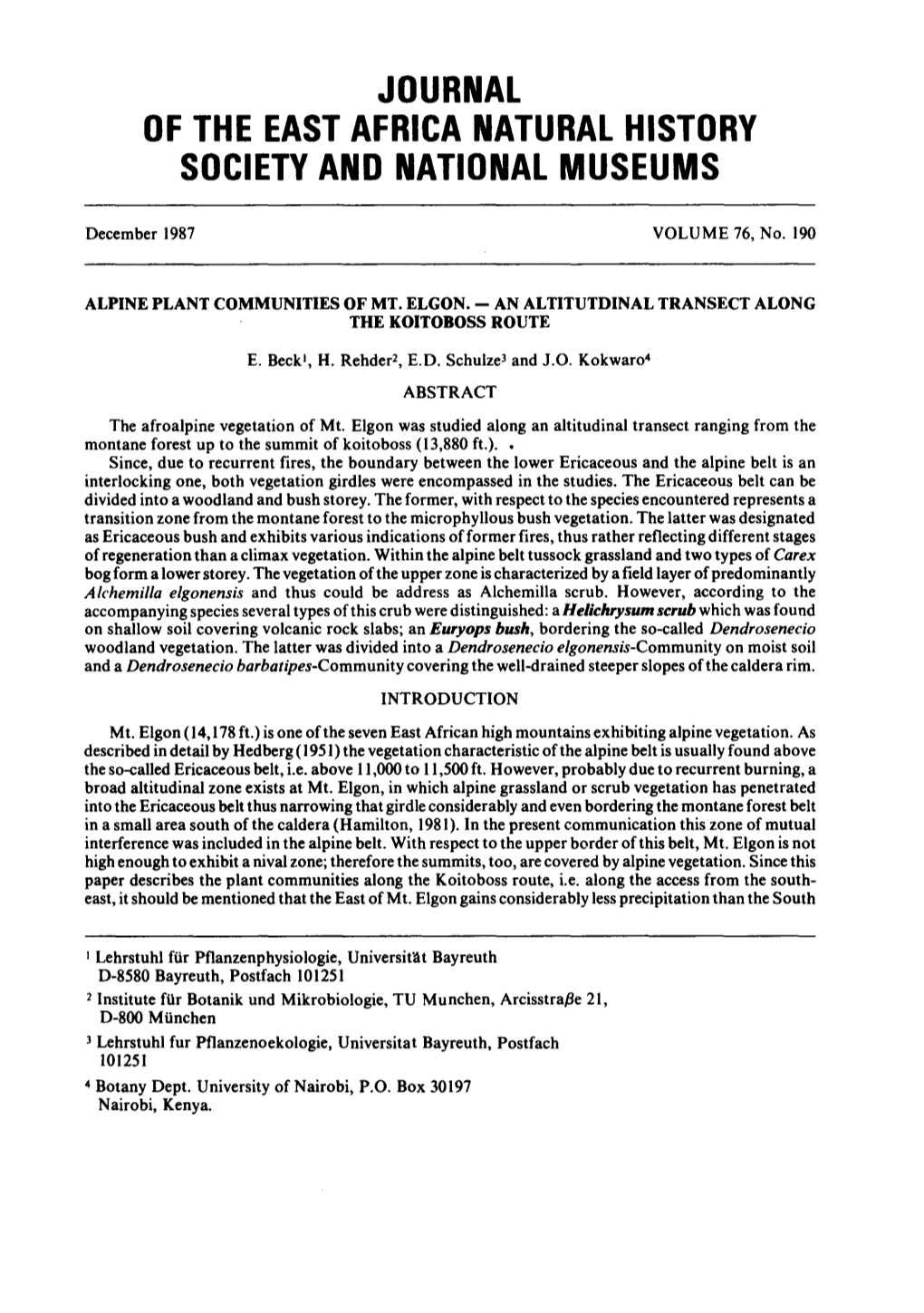 Alpine Plant Communities of Mt. Elgon. - an Altitutdinal Transect Along the Koitoboss Route