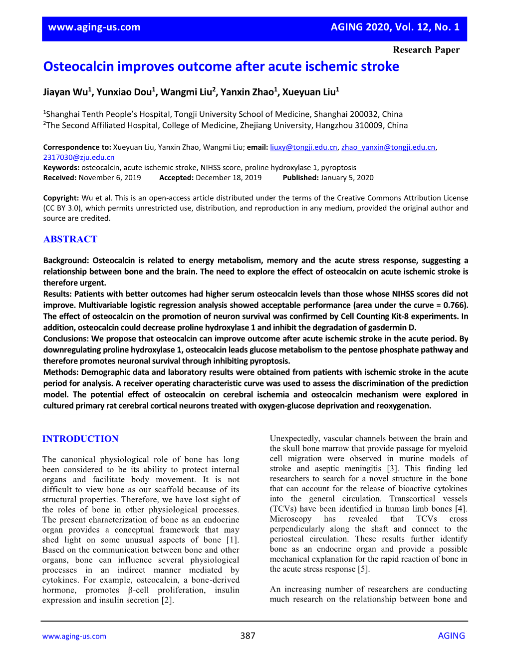 Osteocalcin Improves Outcome After Acute Ischemic Stroke