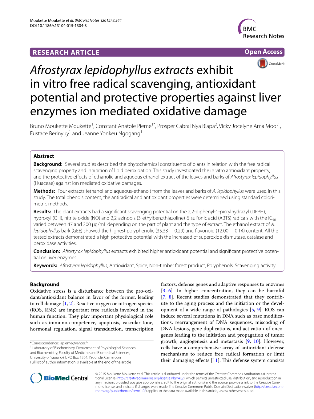Afrostyrax Lepidophyllus Extracts Exhibit in Vitro Free Radical