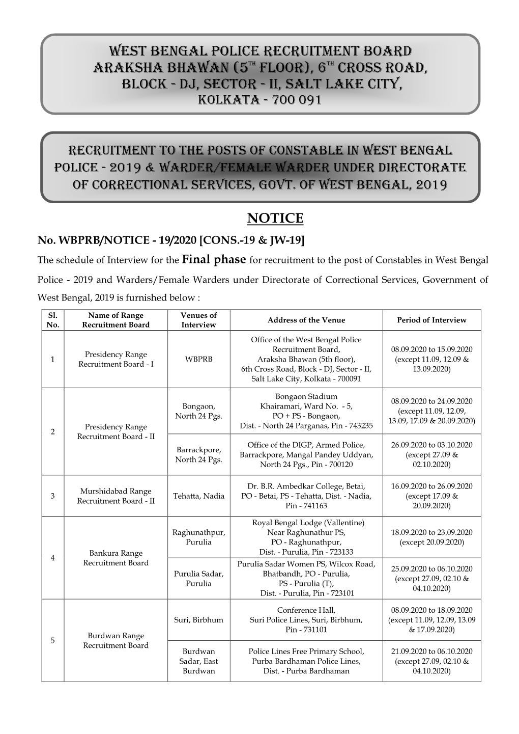 West Bengal Police Recruitment Board Araksha Bhawan (5TH FLOOR)