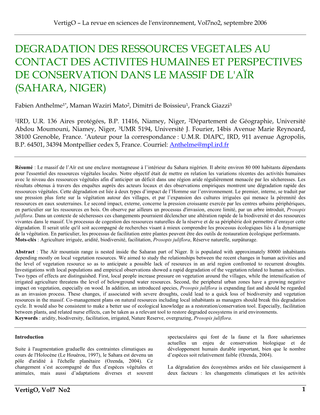 Degradation Des Ressources Vegetales Au Contact Des Activites Humaines Et Perspectives De Conservation Dans Le Massif De L'aïr (Sahara, Niger)