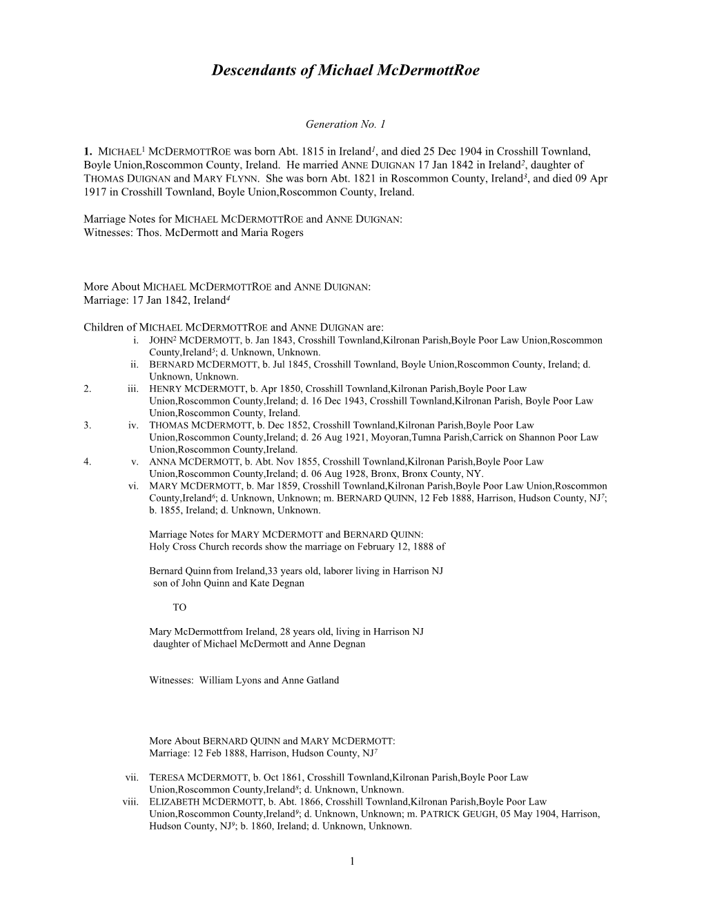 Descendants of Michael Mcdermottroe of Crosshill