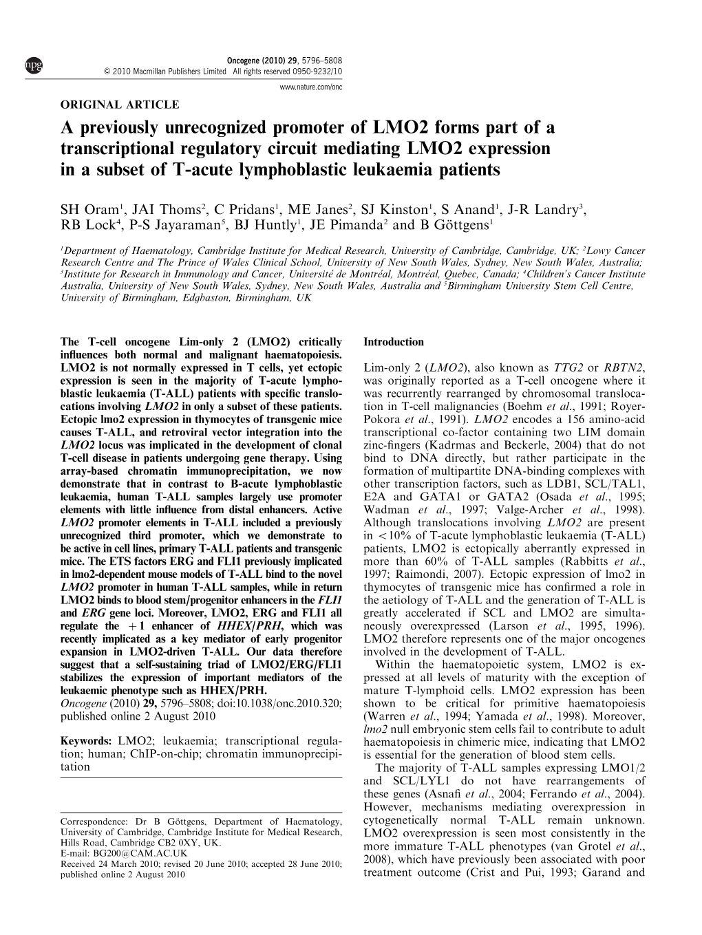 A Previously Unrecognized Promoter of LMO2 Forms Part of A