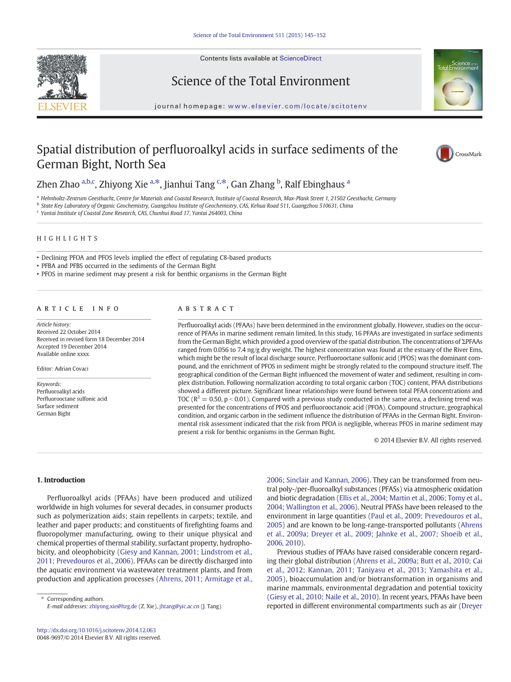 Spatial Distribution of Perfluoroalkyl Acids in Surface Sediments of The