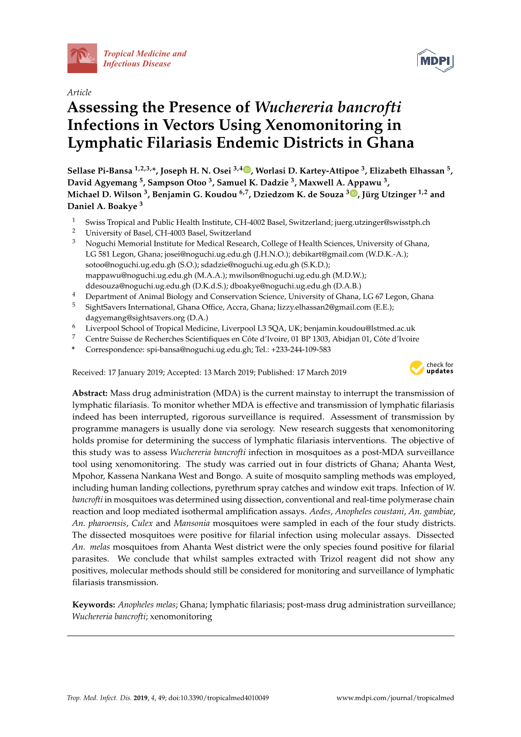 Assessing the Presence of Wuchereria Bancrofti Infections in Vectors Using Xenomonitoring in Lymphatic Filariasis Endemic Districts in Ghana