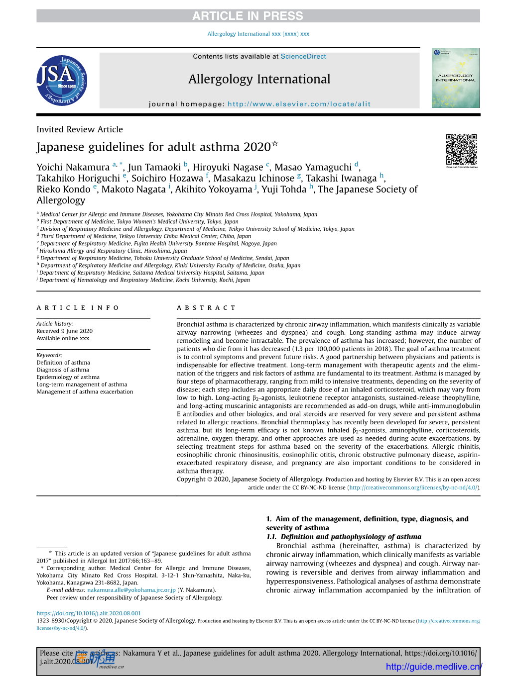 Japanese Guidelines for Adult Asthma 2020*