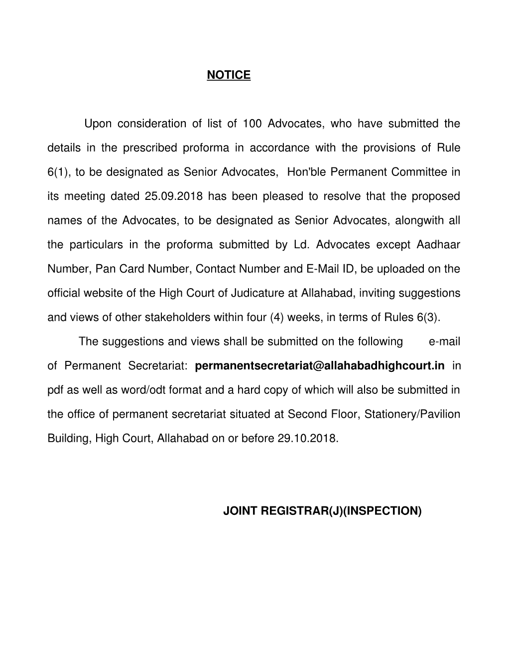 NOTICE Upon Consideration of List of 100 Advocates, Who Have