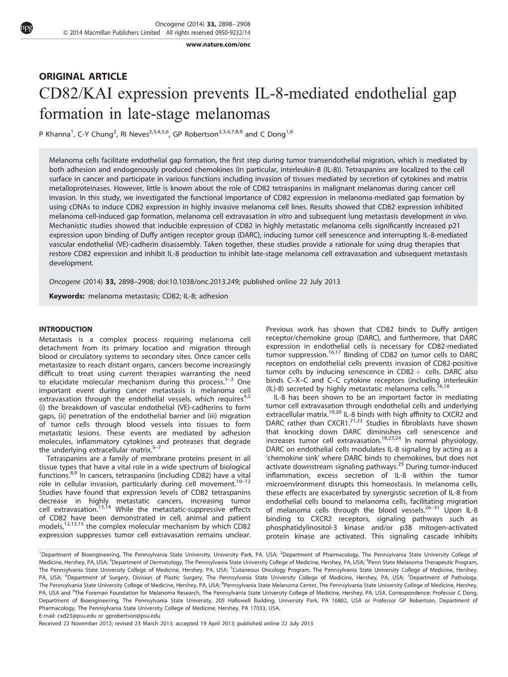 KAI Expression Prevents IL-8-Mediated Endothelial Gap Formation in Late-Stage Melanomas