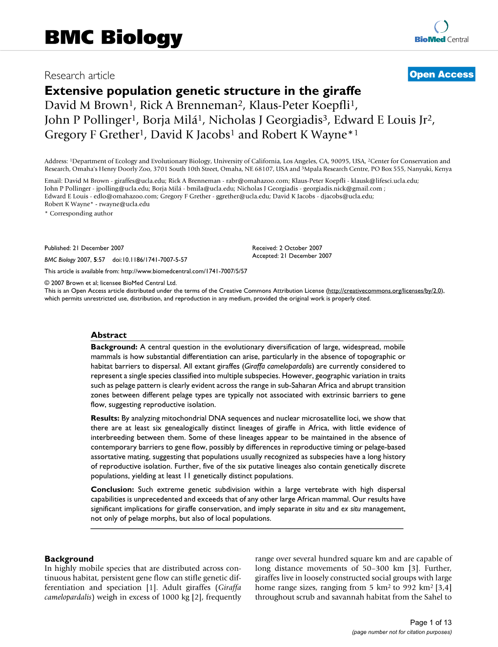 Extensive Population Genetic Structure in the Giraffe