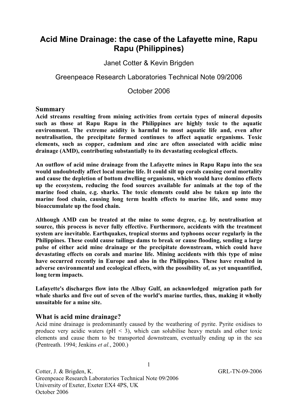 Acid Mine Drainage: the Case of the Lafayette Mine, Rapu Rapu (Philippines)