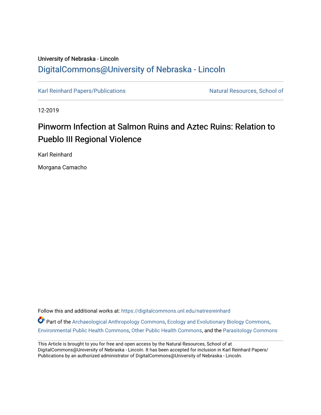 Pinworm Infection at Salmon Ruins and Aztec Ruins: Relation to Pueblo III Regional Violence