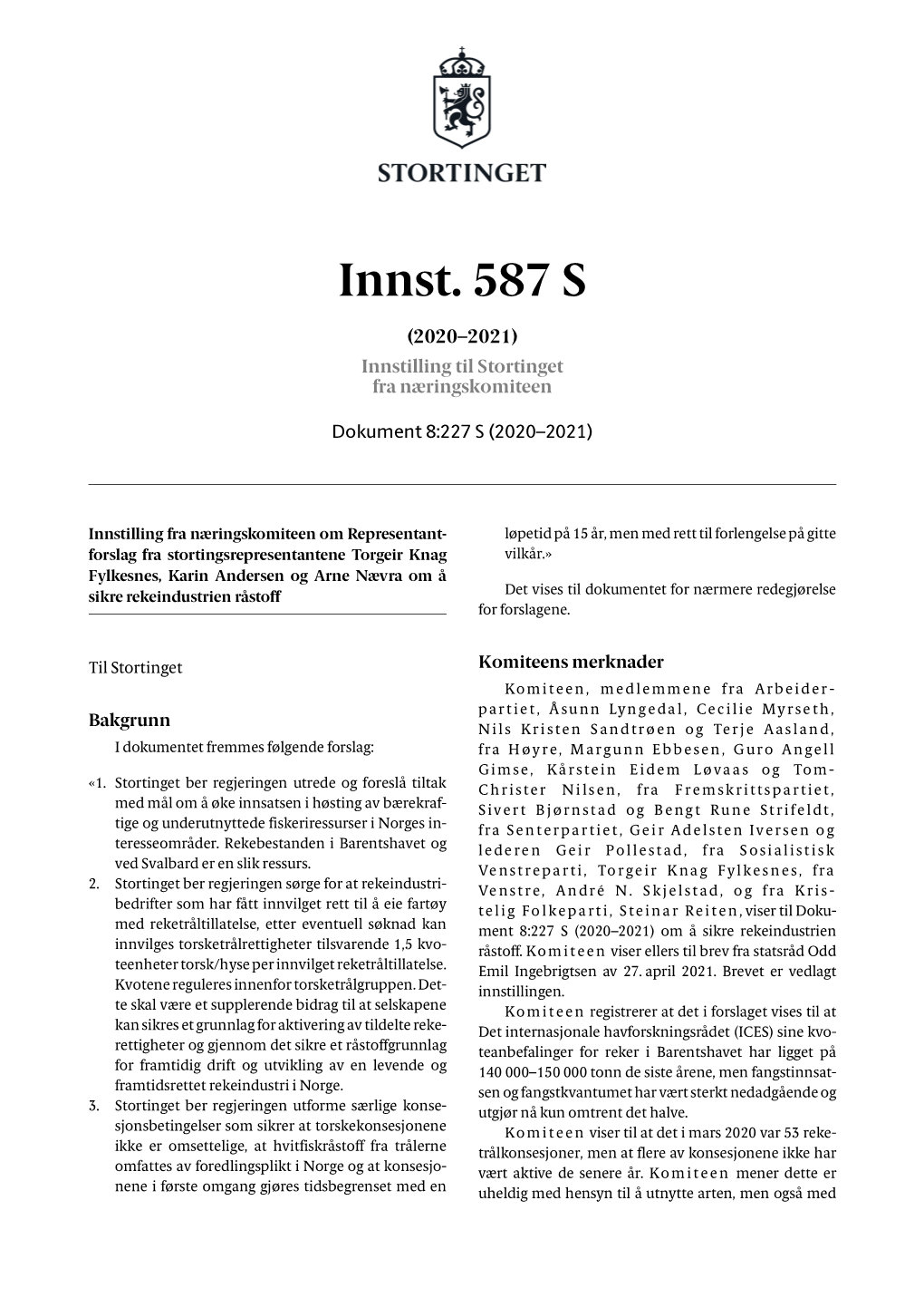 Innst. 587 S (2020–2021) Innstilling Til Stortinget Fra Næringskomiteen