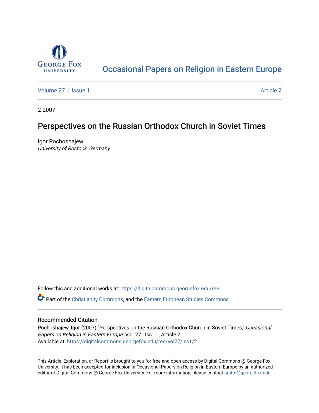 Perspectives on the Russian Orthodox Church in Soviet Times