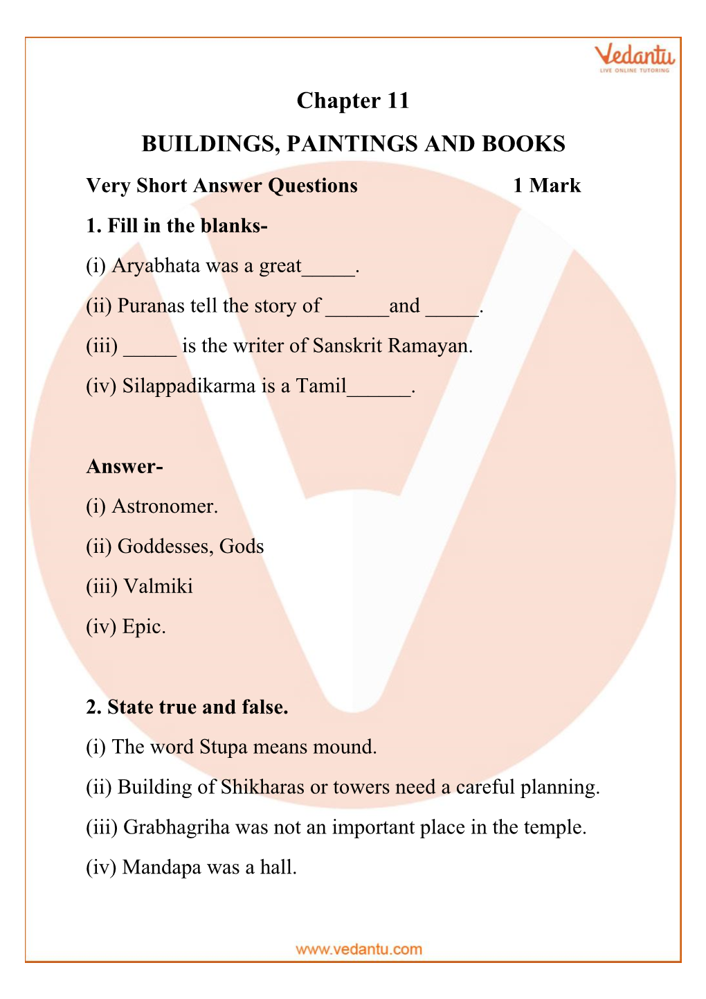 Chapter 11 BUILDINGS, PAINTINGS and BOOKS Very Short Answer Questions 1 Mark 1