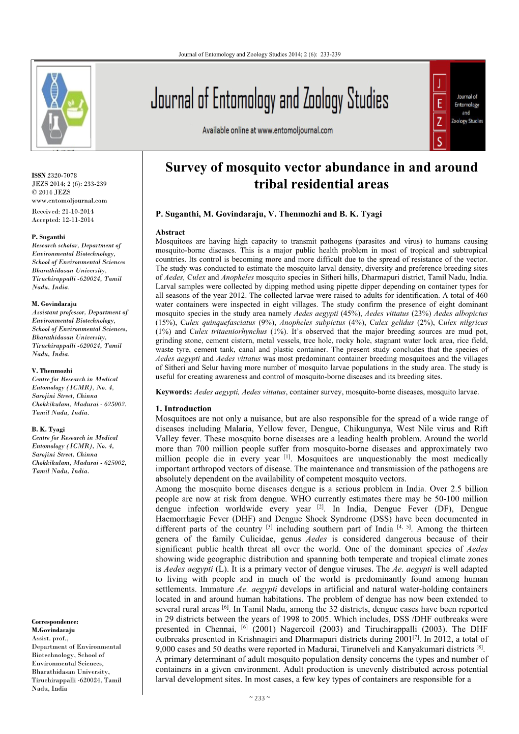 Survey of Mosquito Vector Abundance in and Around Tribal Residential Areas