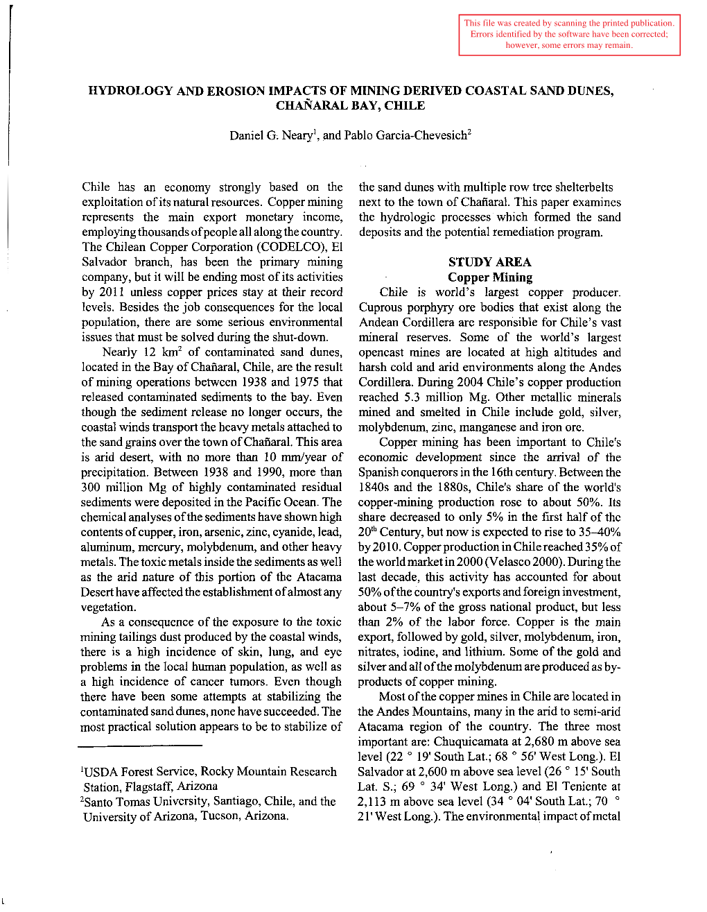 Hydrology and Erosion Impacts of Mining Derived Coastal Sand Dunes, Ch~Aralbay, Chile