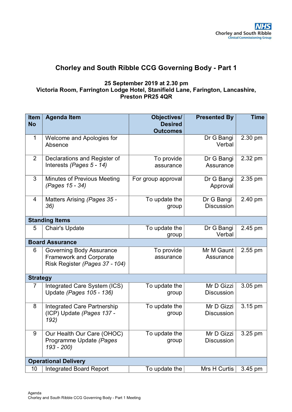 Agenda Document for Chorley and South Ribble CCG Governing Body