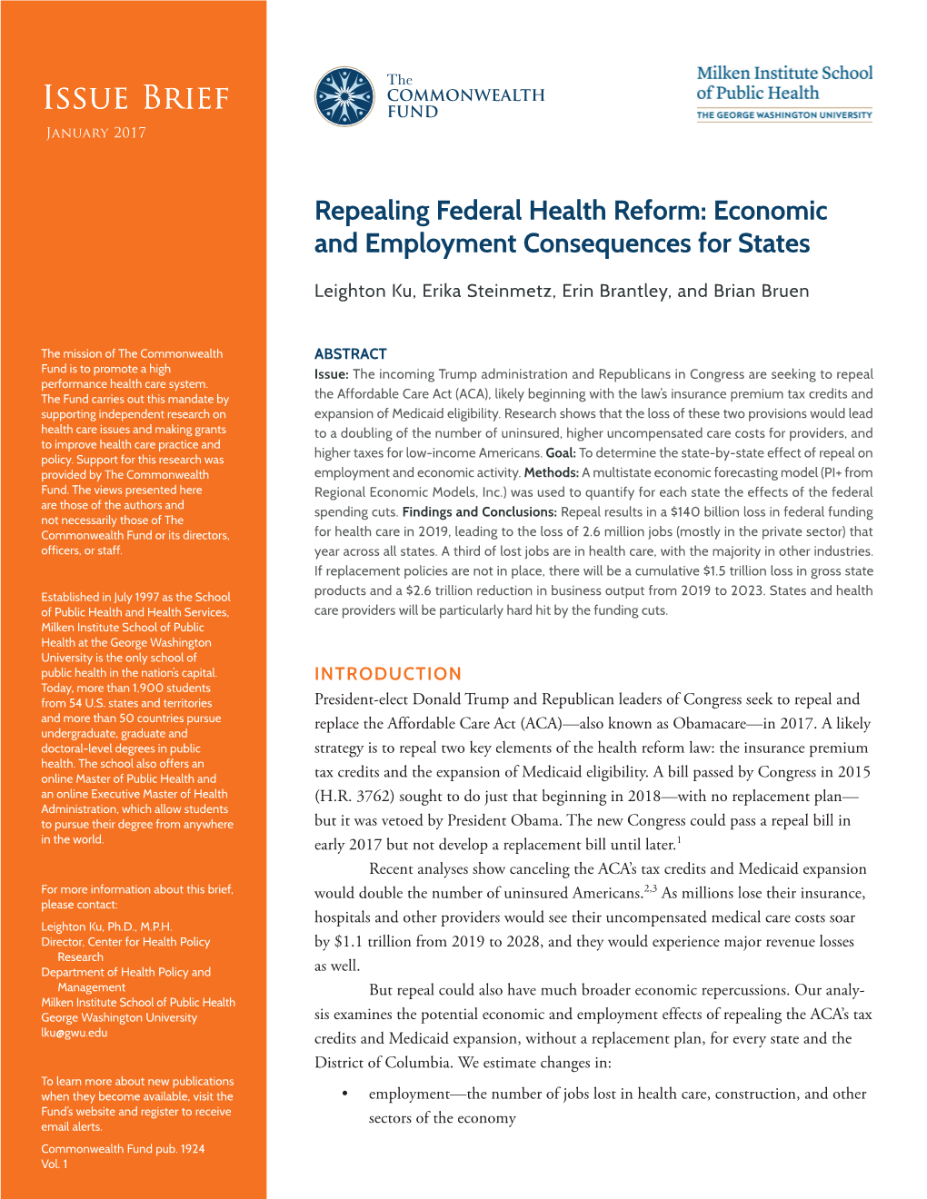 Repealing Federal Health Reform: Economic and Employment Consequences for States