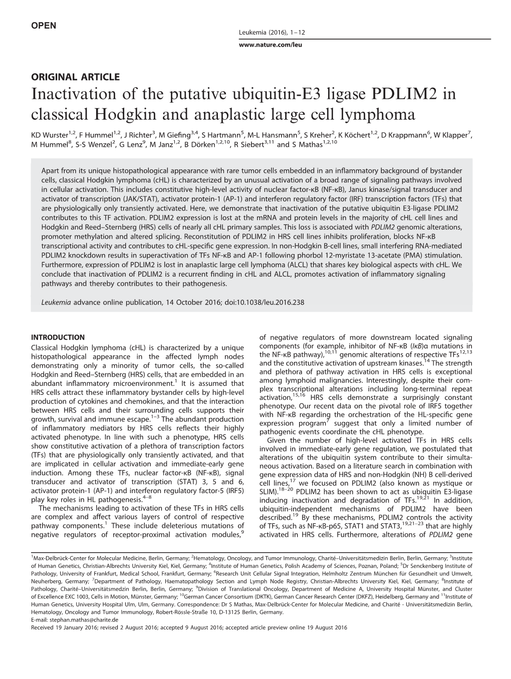 Inactivation of the Putative Ubiquitin-E3 Ligase PDLIM2 in Classical Hodgkin and Anaplastic Large Cell Lymphoma