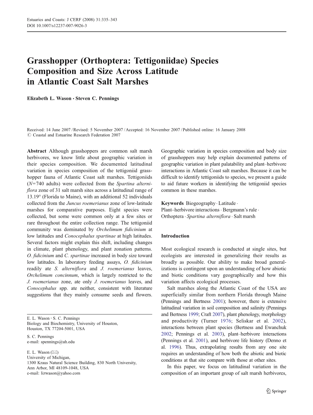 (Orthoptera: Tettigoniidae) Species Composition and Size Across Latitude in Atlantic Coast Salt Marshes