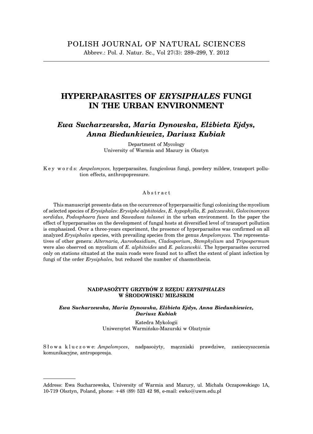 Hyperparasites of Erysiphales Fungi in the Urban Environment