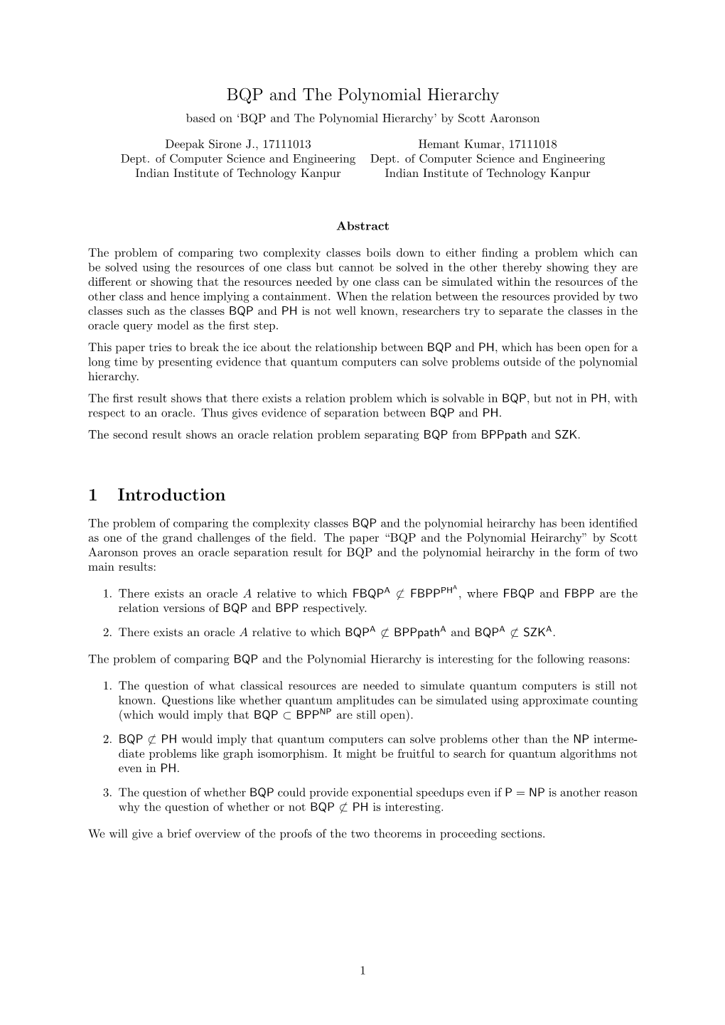 BQP and the Polynomial Hierarchy 1 Introduction