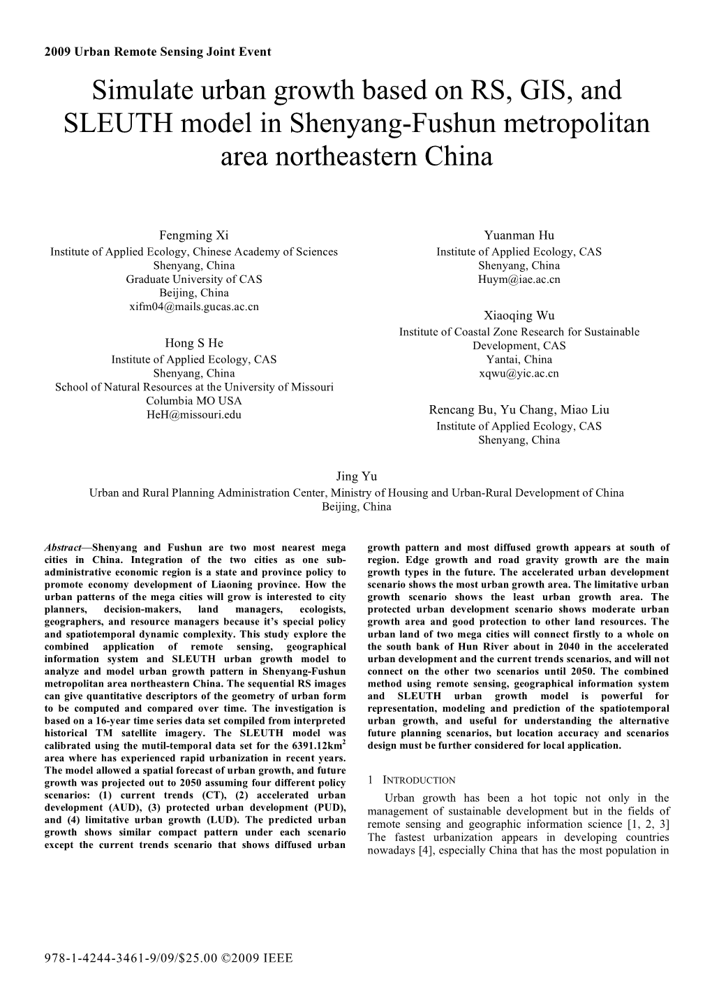 Simulate Urban Growth Based on RS, GIS, and SLEUTH Model in Shenyang-Fushun Metropolitan Area Northeastern China