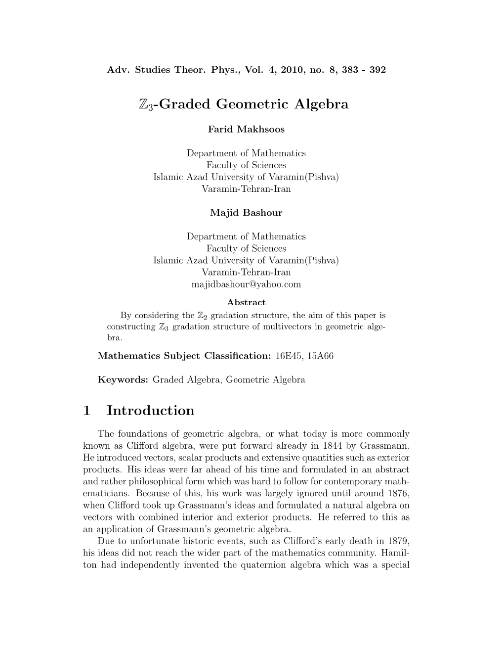 Z3-Graded Geometric Algebra 1 Introduction