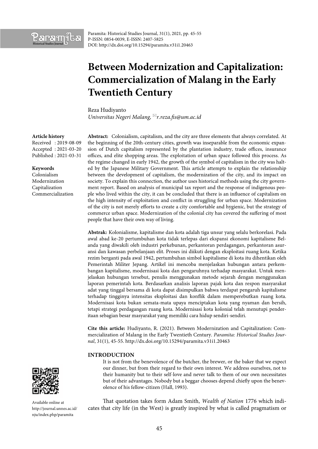 Between Modernization and Capitalization: Commercialization of Malang in the Early Twentieth Century