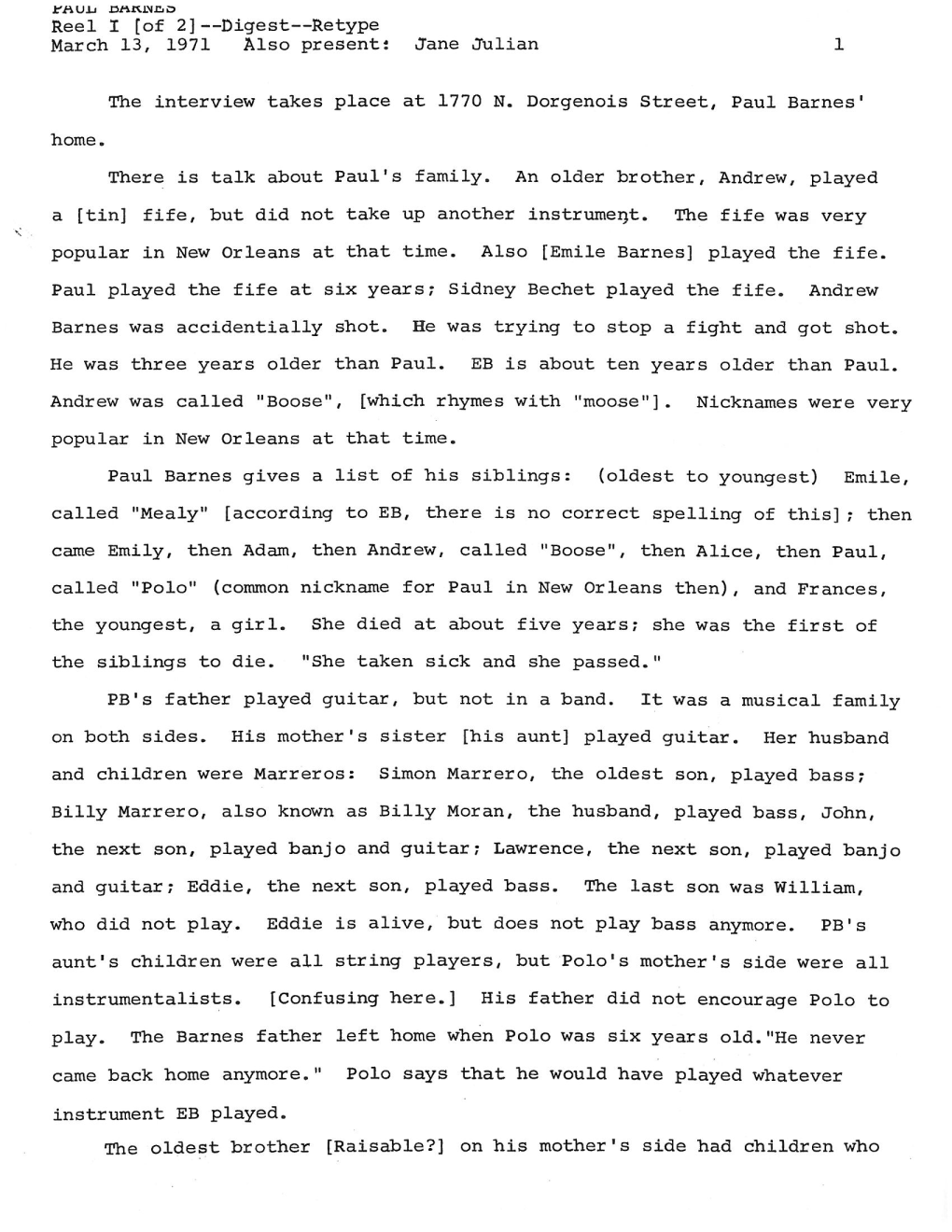 There Is Talk About Paul's Family. an Older Brother/ Andrew, Played a [Tin] Fife, but Did Not Take up Another Instrument