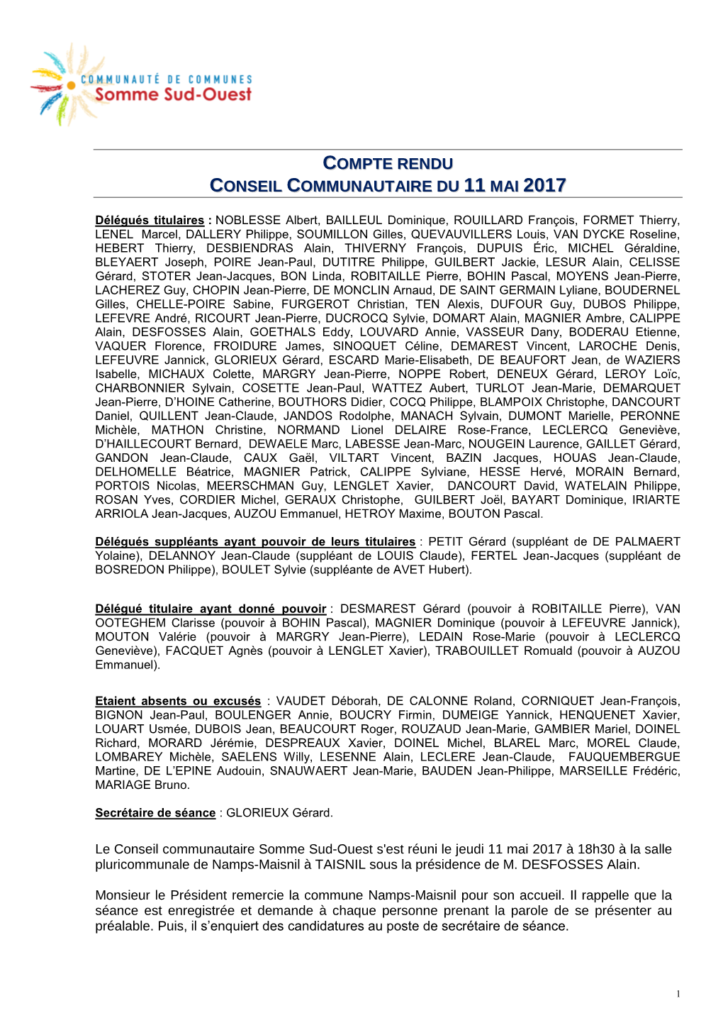 Compte Rendu Conseil Communautaire Du 11 Mai 2017
